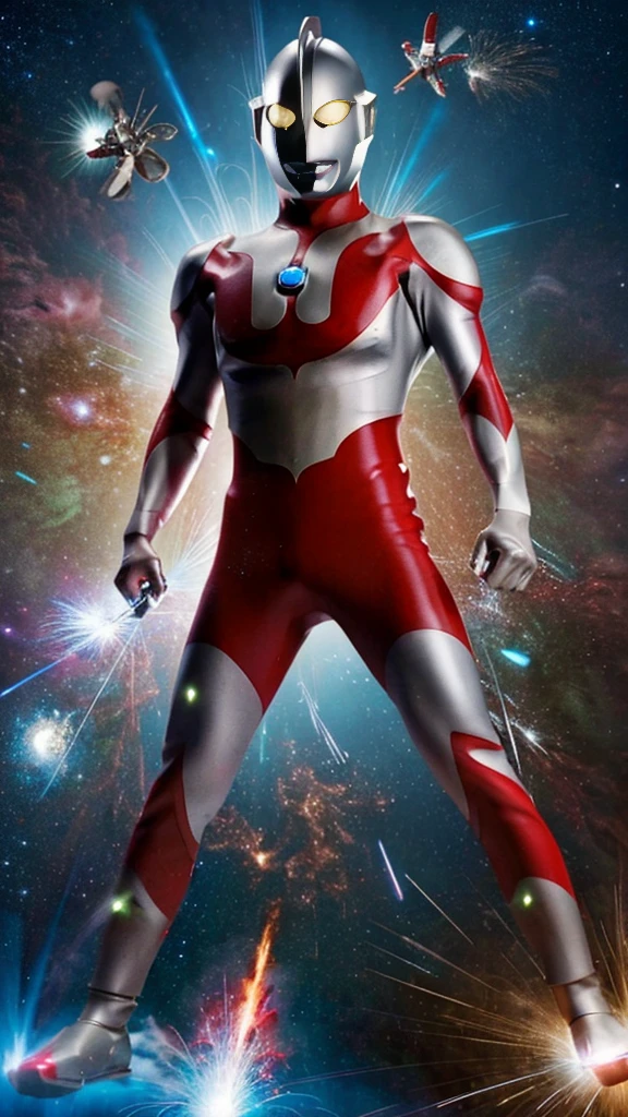 gigantic ultraman,repairing,fixing,oil refinery plants,Ultraman flying in space、tanks,heavy machinery,Metallic armor,glowing eyes,detailed mechanical parts,smoke and sparks,blazing flames,high-tech 、Ultraman flying in space
