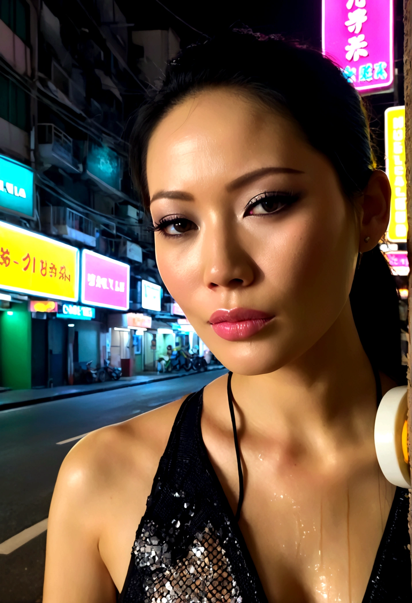 a 25 year old Lucy Liu, beautiful detailed eyes, beautiful detailed lips, extremely detailed eyes and face, long eyelashes, undercover cop, walking the streets of Bangkok at night, checking the conditions of the working girls, provocative outfit, cinematic lighting, cyberpunk, neon lights, rainy night, gritty atmosphere, hyper-detailed, photorealistic, 4k, best quality, masterpiece