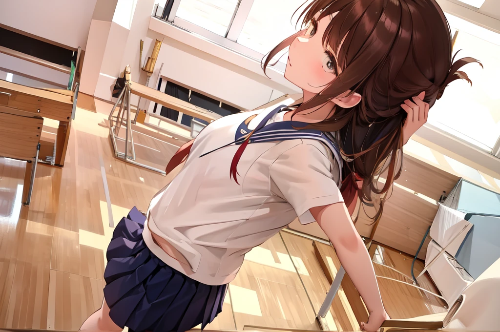 A female student in a sailor uniform is watching a physical education class in the gymnasium because she is feeling unwell