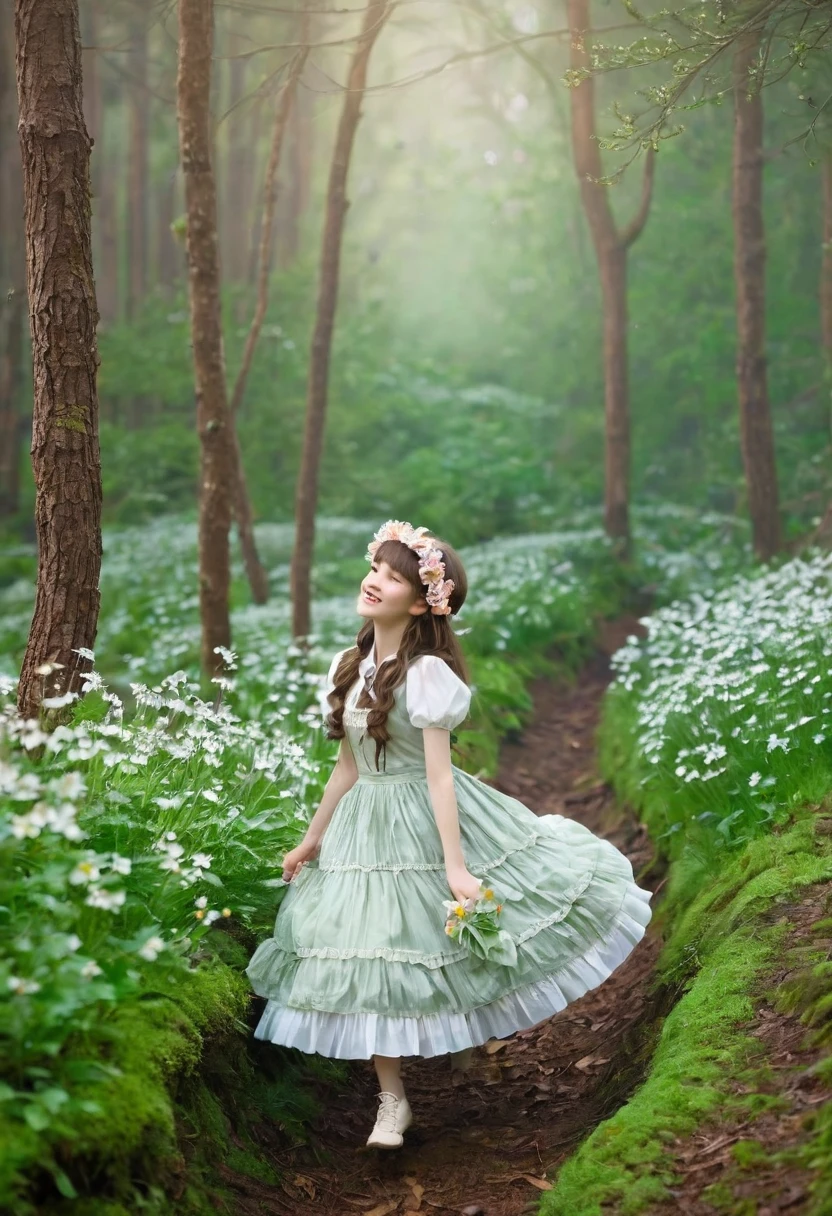 Imagine, (Three tas: 2) Stable diffusion is the best image quality, Morning Sunshine, Spring scenery, Dew and flowers, Flying hair, Live in a fantasy world of mushrooms and fairy tales, trip, running, and laugh. Forest trail
