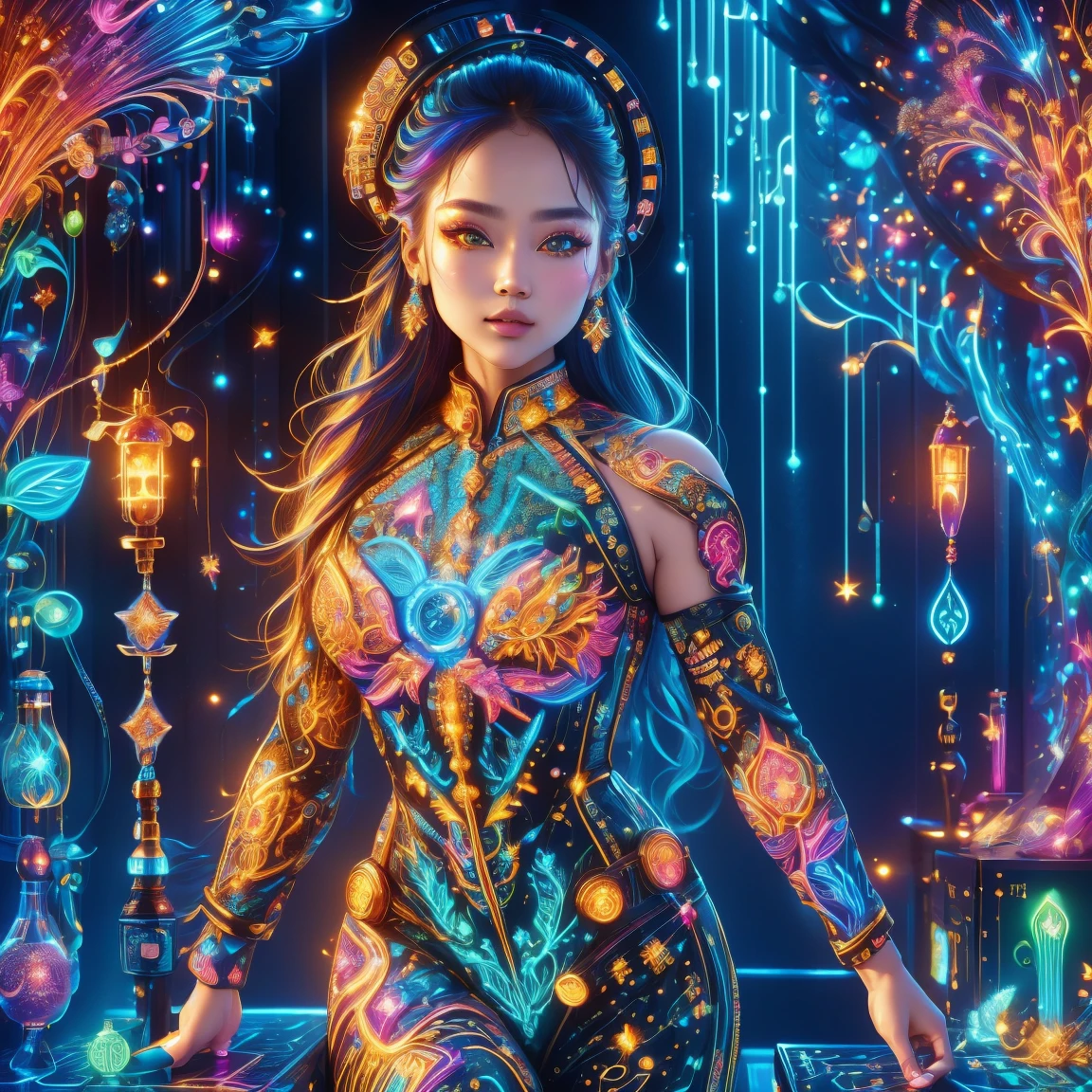 (neon)，circuit board，(1 girl:1.3)，(beautiful girl:1.2)，extremely detaild，(Fractal Art:1.2)，colorfully，the most detailed，(zentangle neon:1.2)，(dynamic poses)，(neon几何背景:1.5)，(red wedding dress:1.2)，(shining skin)，(many colors:1.4)，black art，(magic shape，face highlight)，chic，texture，Light and Shadow Art，sun on face，Cardamom age，(Exquisite and perfect behavior:1.3)，(to dream)，(cowboy shot:1.8), (ultra HD, work of art, precise, anatomically correcte, texturized skin, high détail, high qualiy, The awardee, 8K)