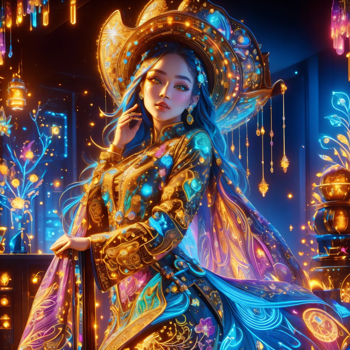 (neon),circuit board,(1 girl:1.3),(beautiful girl:1.2),extremely detaild,(Fractal Art:1.2),colorfully,the most detailed,(zentangle neon:1.2),(dynamic poses),(neon几何背景:1.5),(red wedding dress:1.2),(shining skin),(many colors:1.4),black art,(magic shape,face highlight),chic,texture,Light and Shadow Art,sun on face,Cardamom age,(Exquisite and perfect behavior:1.3),(to dream),(cowboy shot:1.8), (ultra HD, work of art, precise, anatomically correcte, texturized skin, high détail, high qualiy, The awardee, 8K)