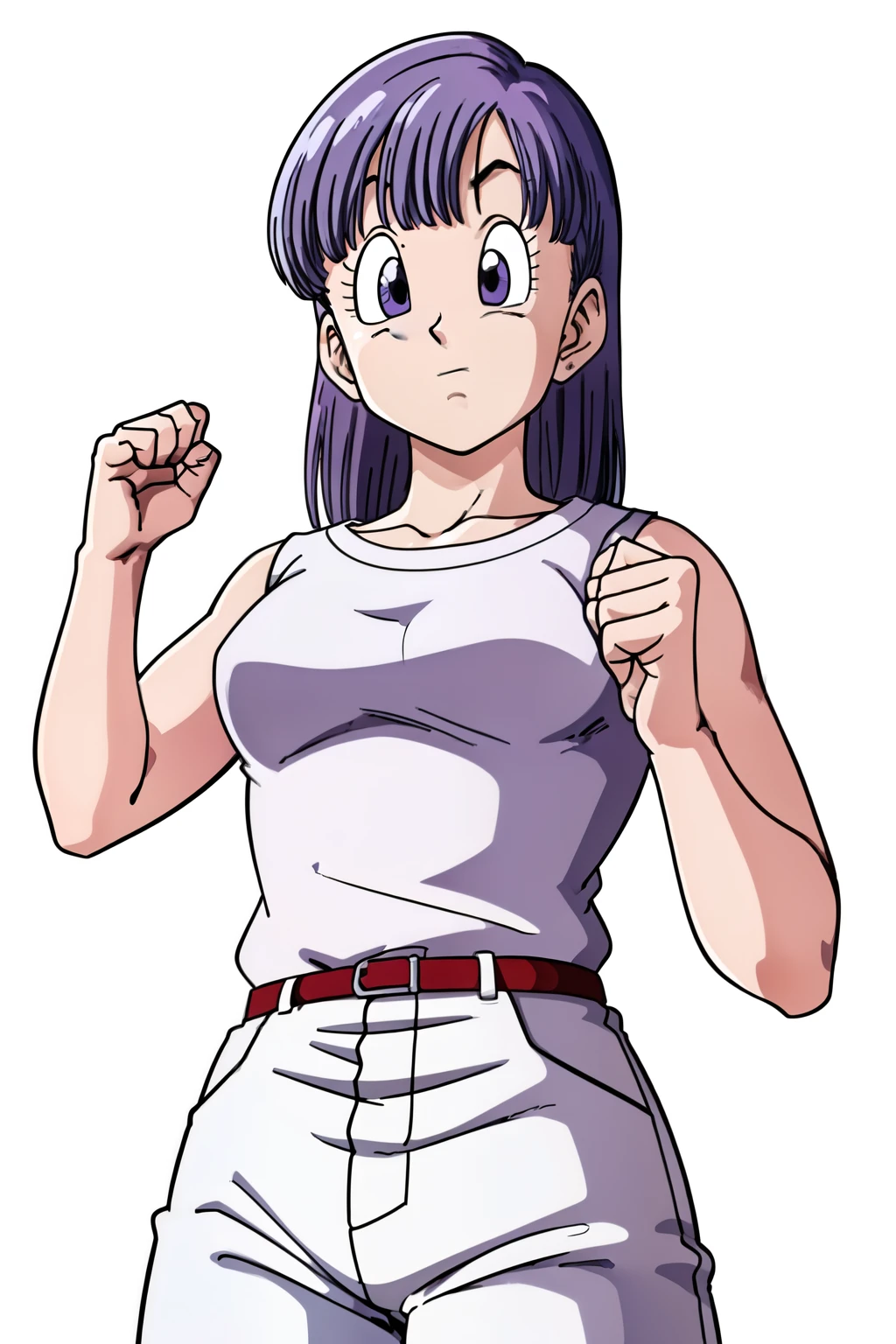 Bloomers, Cell Saga, Semi-long hair, Purple Hair, No bangs, Brown eyes, One girl, alone, White shirt, White pants, Baggy pants, Surprised, Surprise, surprise, From below, Raise your hand, eyelash, Hand over mouth, From the chest up, Upper Body, White background,