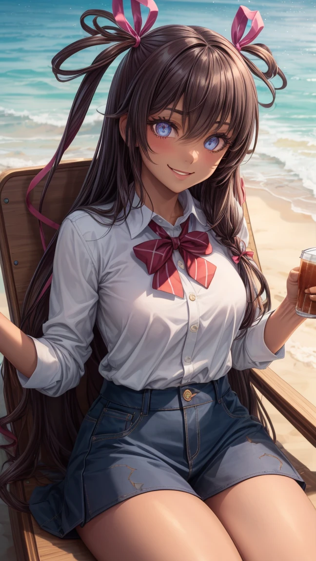 mizuki yukikaze, hair ribbon,
BREAK (((bow, Red_bow,collaRed_shirt,shirt, white_shirt))),
BREAK fishnet, big breasts, sitting, beach, beach chair, looking at you, sunglasses, smile, holding beverage,
BREAK (art: 1.2), best quality, high resolution, 8k unitary, (illustration: 0.8), (beautiful detailed eyes: 1.6), extremely detailed face, perfect lighting, extremely detailed in CG, (perfect hands, perfect anatomy),