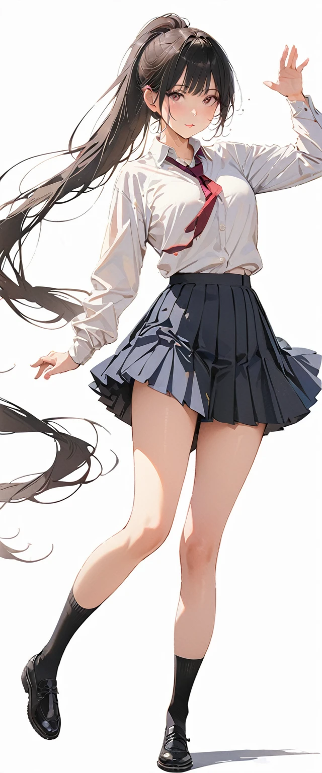 20 years old,1 mature woman,hyperrealistic, 8k, (extremely detailed 8k), (very delicate and beautiful), (masterpiece), (better quality:1.0), (ultra high resolution:1.0), (masterpiece, best quality),cute,black hair,ponytail,full body,white background,realistic skin,collared shirt, pleated skirt,dynamic pose