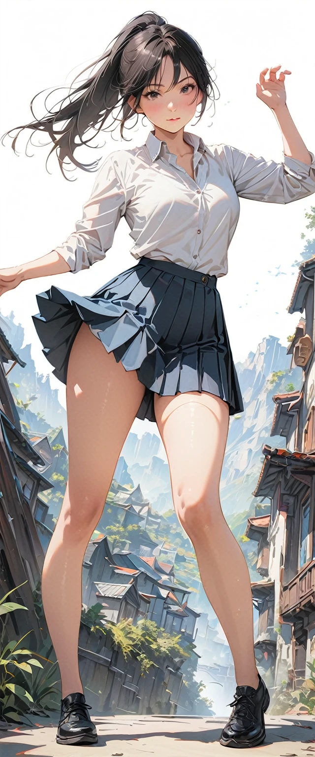 20 years old,1 mature woman,hyperrealistic, 8k, (extremely detailed 8k), (very delicate and beautiful), (masterpiece), (better quality:1.0), (ultra high resolution:1.0), (masterpiece, best quality),cute,black hair,ponytail,full body,white background,realistic skin,collared shirt, pleated skirt,dynamic pose