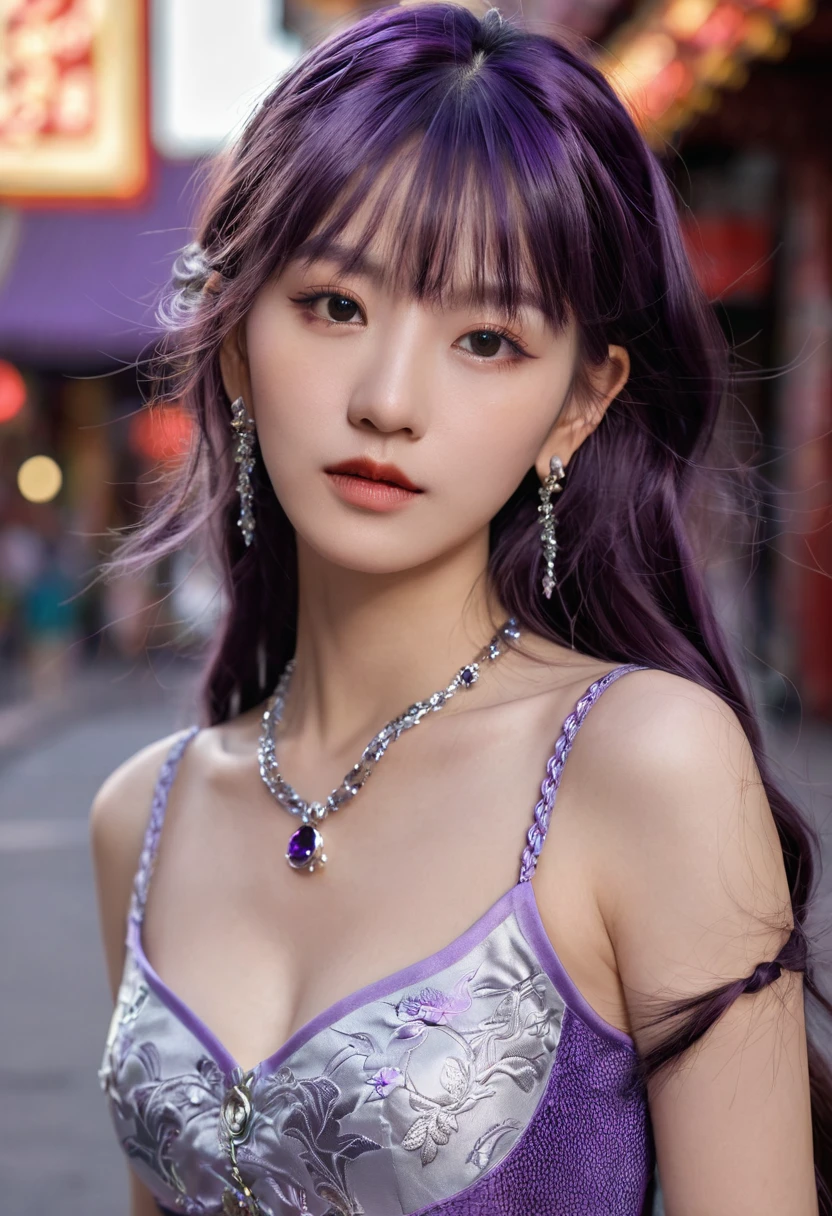masterpiece, best quality, Ultra-high resolution,Photon Mapping,The best shadow,portrait,Beautiful details,Ultra-high detail,Purple long hair,Single Braid,Bangs,Medium breasts,City,Chinatown,city center,see through, Short skirt, Low-cut:2, Hair accessories, earrings, necklace, portrait, Silver dress:2, Looking at the audience,Solitary,Professional lighting, Delicate skin,