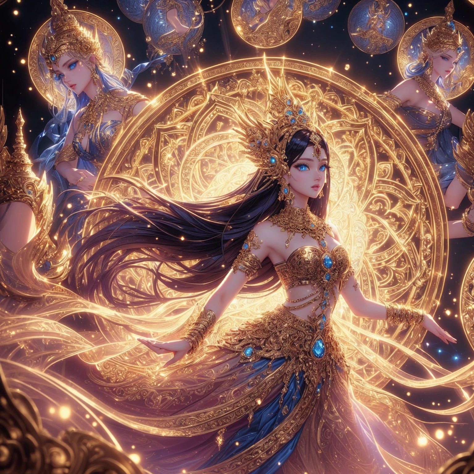 Goddess, super model, blue eyes, ornate gold jewelry. , god god , ,realistically ,Fine golden background. 3-D anime.