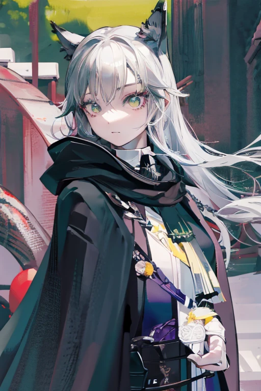 1 woman, black robe, radiant green eyes, white hair,anime, realistic,Black head covering,ultra detail