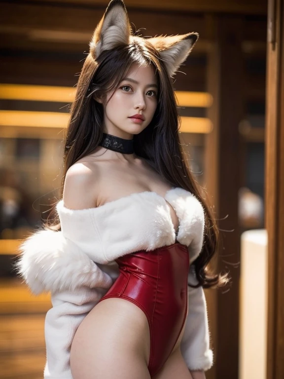 ((Highest quality)), ((masterpiece)), (Familiar), Perfect Face, fox lady, Pretty girl, Fox Ears, Fox tail, She has a northern fox tail, She wags her fluffy tail, fur collar, Beautiful hip line, Big , Thick thighs, A large tail grows out of the buttocks, Nice body, Shyly, Only one tail