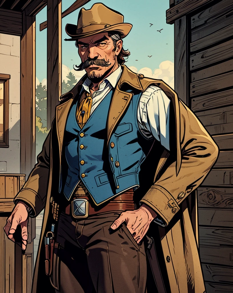 สไตล์ภาพประกอบ Red Dead Redemption 2，Sheriff Curtis Malloy，Wear a Nevada hat.,Khaki coat，Blue vest and white shirt,Nothing but a mustache,shaved face,Sheriff&#39;s seal, Masterpiece,  Digital Artwork, important art. HD, Sheriff&#39;s shirt. in the city. Sheriff&#39;s shirt, Eastern city