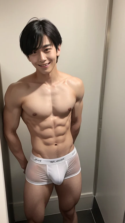 Japanese men、A slender but strong body trained at the gym、Smooth skin with light sweating、Anatomically correct body、Sit with your legs wide open、Smiling in a friendly manner、Relaxed atmosphere、The whole body is visible、Showing off some cool, sheer, white, and very revealing boxer briefs with a tight, flashy design.、in narrow bathroom、Very short, cropped black hair、A young handsome man who looks quite young、Place your hands behind your back