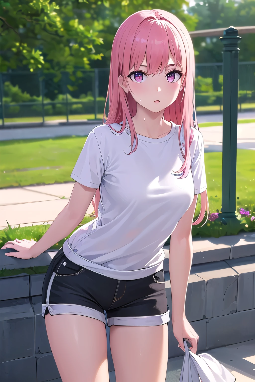 (8K, top-quality, masterpiece:1.2), (reallistic, Photorealsitic:1.37), Super Detail, One girl,), (Highly detailed), (beautifully detailed eyes), (of the highest quality), (super detailed ), (masterpiece), (Detailed face),20yr old, ,1 girl, ((pink hair,long hair)), medium breasts, clothed, Perfect Lighting, BREAK, (white shirt:1.5), (cotton:1.2), (soft:1.2), (casual:1.2), (loose:1.2), (rolled-up sleeves:1.2), (dark shorts:1.3), (white socks:1.2), (white sneakers:1.2), (gold accessories:1.1), (silver accessories:1.1), BRAKE, (upper body to thighs:1.2), (pink long hair:1.2), (waves:1.1), (shoulder-length:1.1), (expression of discomfort:1.2), (wiping sweat:1.2), (flapping shirt:1.2), (facing forward:1.1), (looking at viewer:1.1), (leaning forward:1.1), (park background:1.2), (summer lighting:1.2), BRAKE

