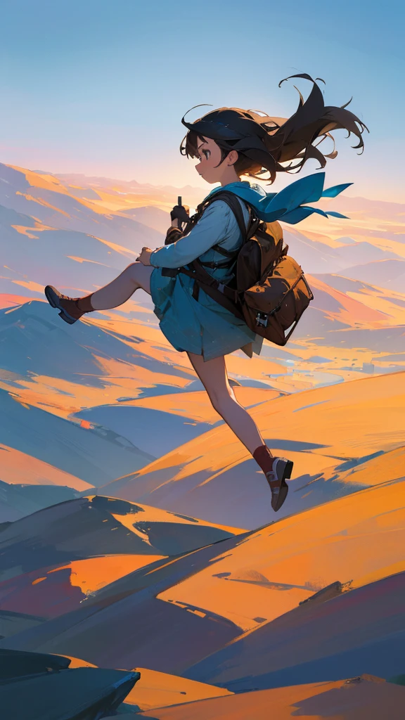An image capturing a small girl flying in the midst of a beautiful landscape reminiscent of the movie "Weathering With You