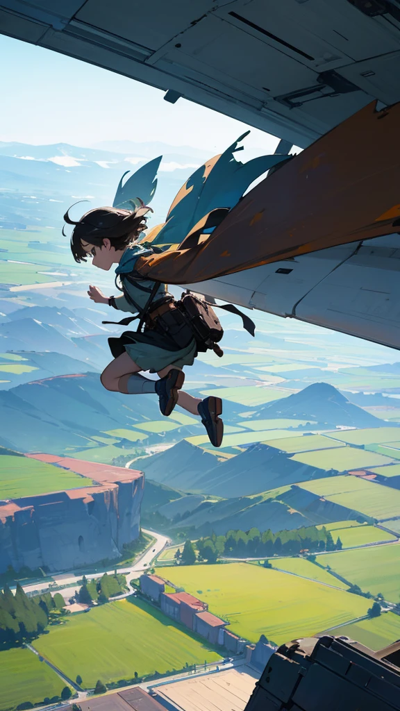 An image capturing a small girl flying in the midst of a beautiful landscape reminiscent of the movie "Weathering With You