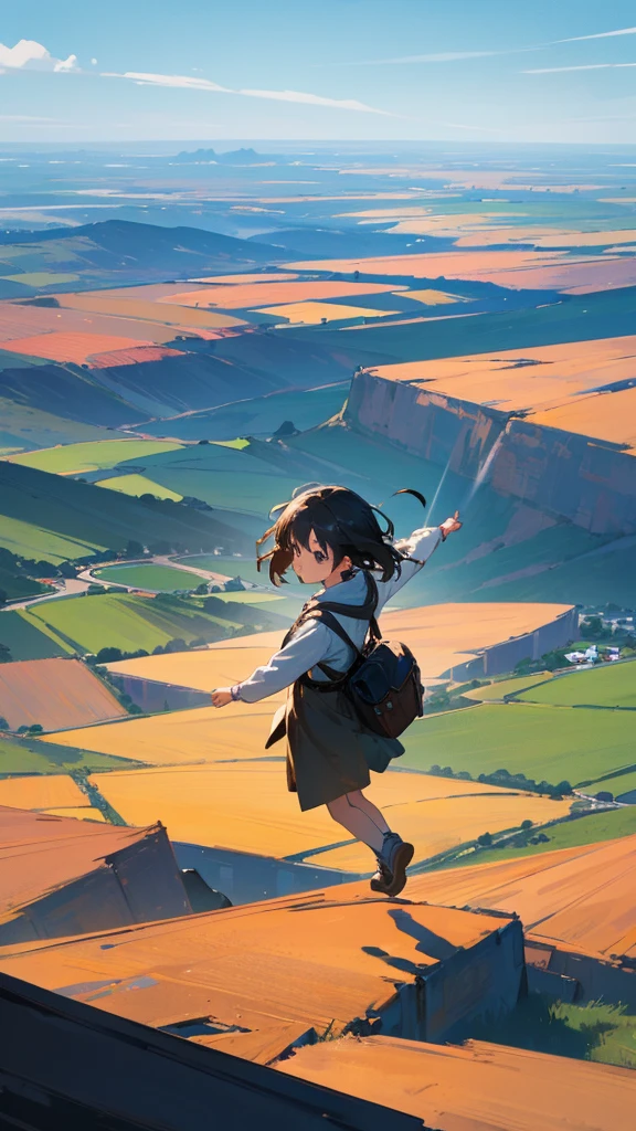 An image capturing a small girl flying in the midst of a beautiful landscape reminiscent of the movie "Weathering With You