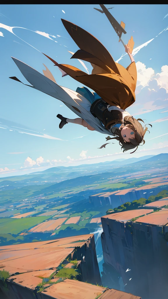 An image capturing a small girl flying in the midst of a beautiful landscape reminiscent of the movie "Weathering With You