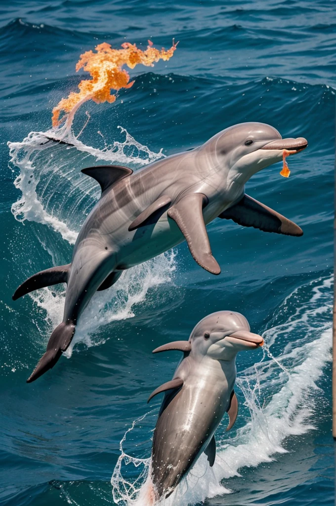 A dolphin with wings and spit fire from mouth attack to a man