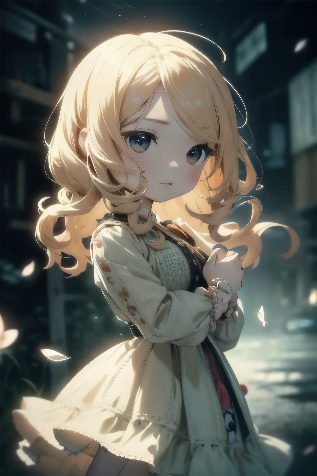 Chibi Girl Doll、Spinning gracefully、Dresses fluttering in the wind、Detailed facial features、Aggressive composition、Elegant hairstyle、Delicate feminine figure、Photorealistic、high quality、Ultra-realistic、Very detailed、Cinematic lighting、Warm color palette、Dramatic lighting、Complex fabric texture、Fluid movement、masterpiece