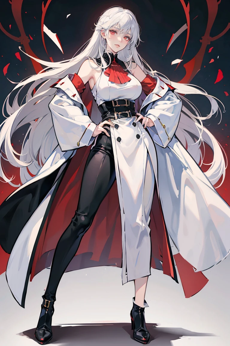 anime - (masterpiece), best quality, seductive eyes, mature face, red eyes, long length white hair, black suit, black pants, white coat, tall woman, long legs, adult-like female, 1girl, big breast, smug face