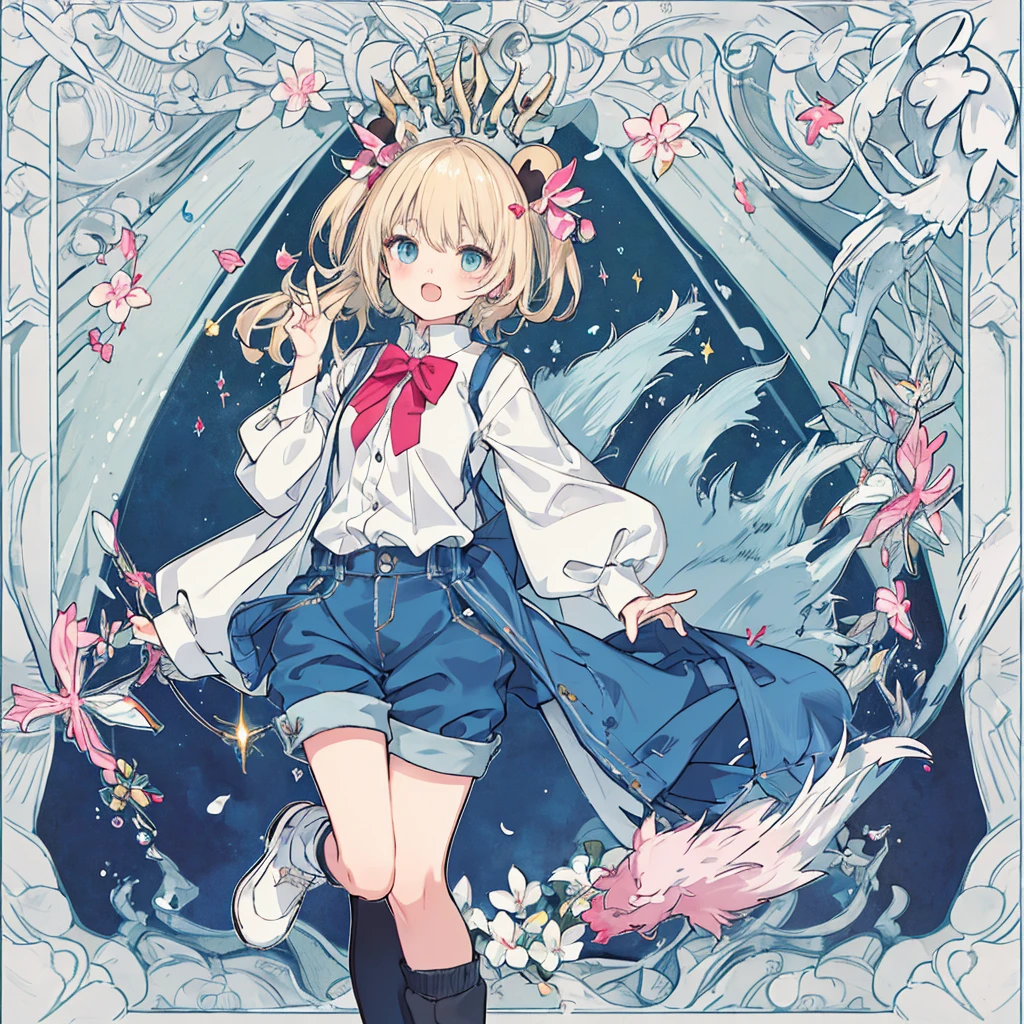 short cute male, very pale skin, beautiful eyes, perfect hands, one eye red one eye pink, long legs, narrow waist, perspective, short chin-length blonde hair with dyed pink tips, perfect hands, male, fluffy bear slippers, crossed bangs, vivid colors, best quality, high quality, short messy wavy hair, oversized brown bear onesie, loose sleeves, pale blue jean shorts, striped knee high socks, earring on left ear, fangs, :3, smug, CG image, character splash art, high detail