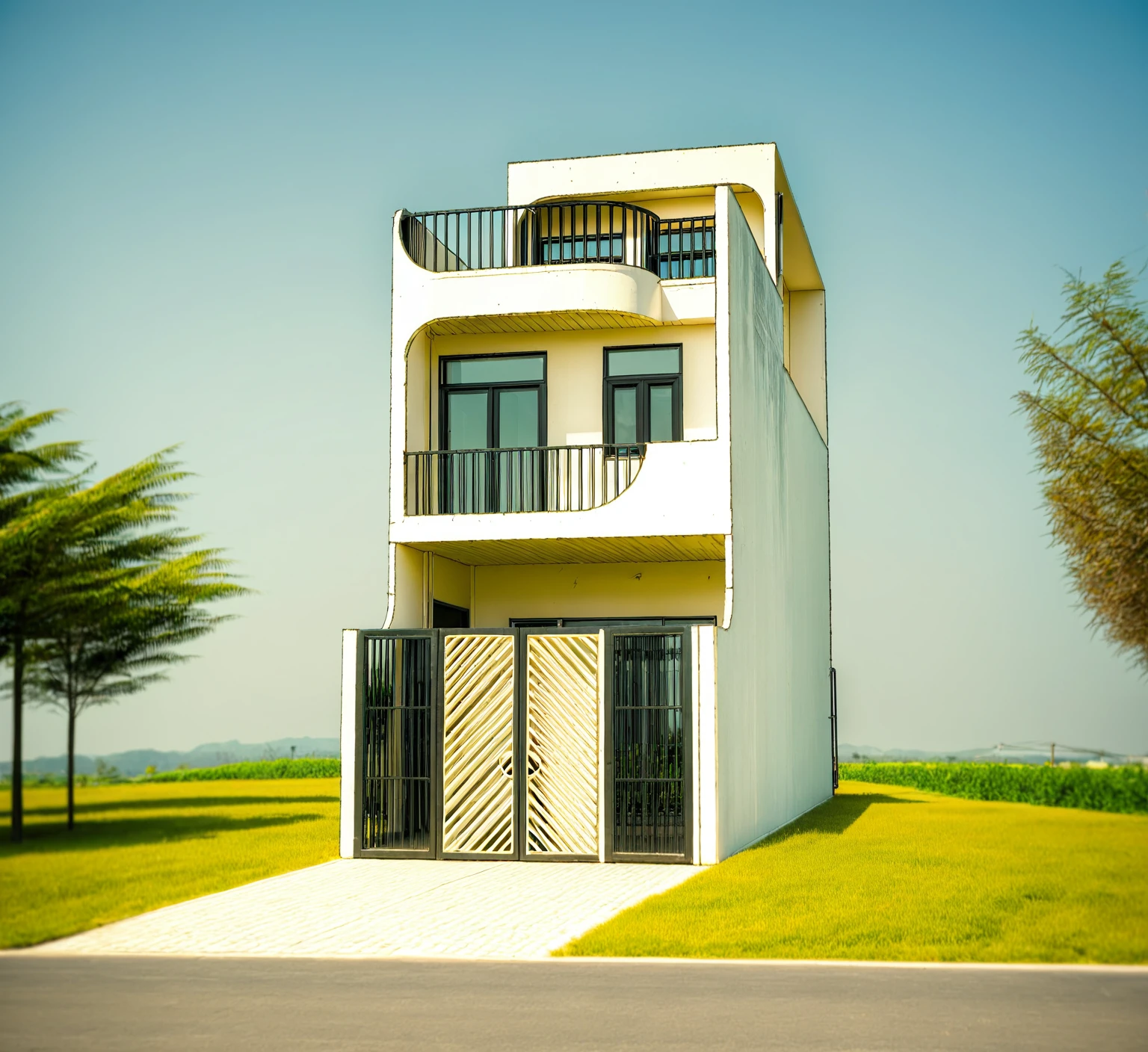 RAW photo , A white minimalism woodandwhite modern house with a double story and simple architecture, surrounded by trees in the yard of Vietnam, featuring a black metal gate and fence, landscape design, natural light, clear sky, blue background, high resolution photography, architectural photography, architectural appearance. The building has square windows made from white ceramic tiles, while the walls feature grid designs, There is also an entrance to another home nearby in the style of architectural photography, road, sidewalk, sidewalk trees, 8k uhd, dslr, soft lighting, high quality, film grain, Fujifilm XT3