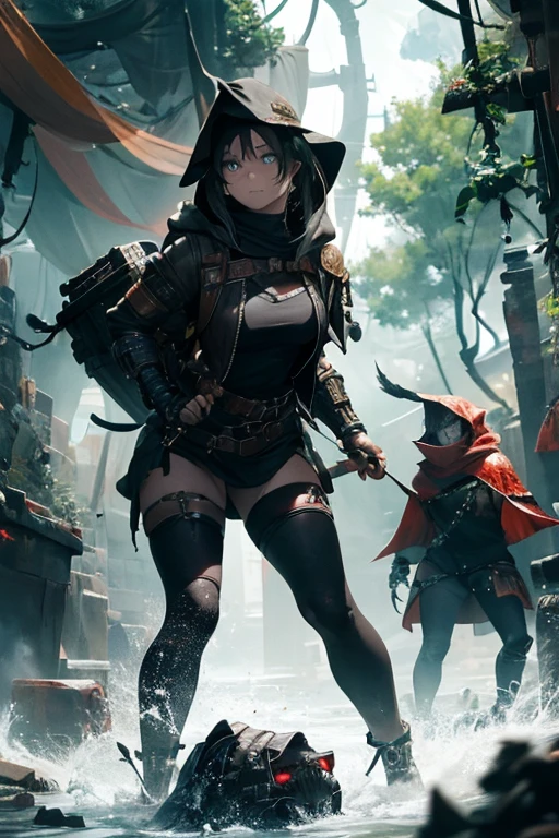 "The Last Anaconda Amazon" Beautiful woman, cold face, no horns, have an anaconda tail behind her butts, scary tail, have a thousand arms, an ancient witch, wear a full-mask cover face, holding sharply weapon and shield, wear an old-fashioned hood, wear a clothes from Arknights, Bloodborne theme, Arknights theme, dark fantasy, scary theme, green forest, monstrous pet, bloody background, supervillain, evil movement, mercilessly squads.