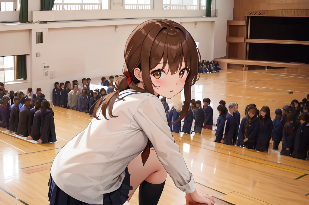(masterpiece, best quality:1.2),illustration,8k,hd,1girl,solo,upper body,(portrait:1.2),brown_hair,folded_ponytail,brown_eyes,serafuku,long_hair,school_uniform,skirt,pleated_skirt,