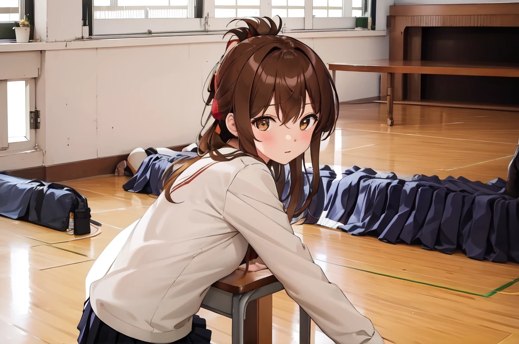 (masterpiece, best quality:1.2),illustration,8k,hd,1girl,solo,upper body,(portrait:1.2),brown_hair,folded_ponytail,brown_eyes,serafuku,long_hair,school_uniform,skirt,pleated_skirt,