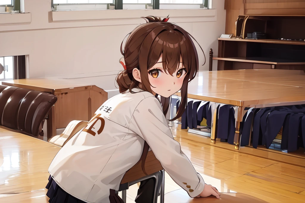 (masterpiece, best quality:1.2),illustration,8k,hd,1girl,solo,upper body,(portrait:1.2),brown_hair,folded_ponytail,brown_eyes,serafuku,long_hair,school_uniform,skirt,pleated_skirt,