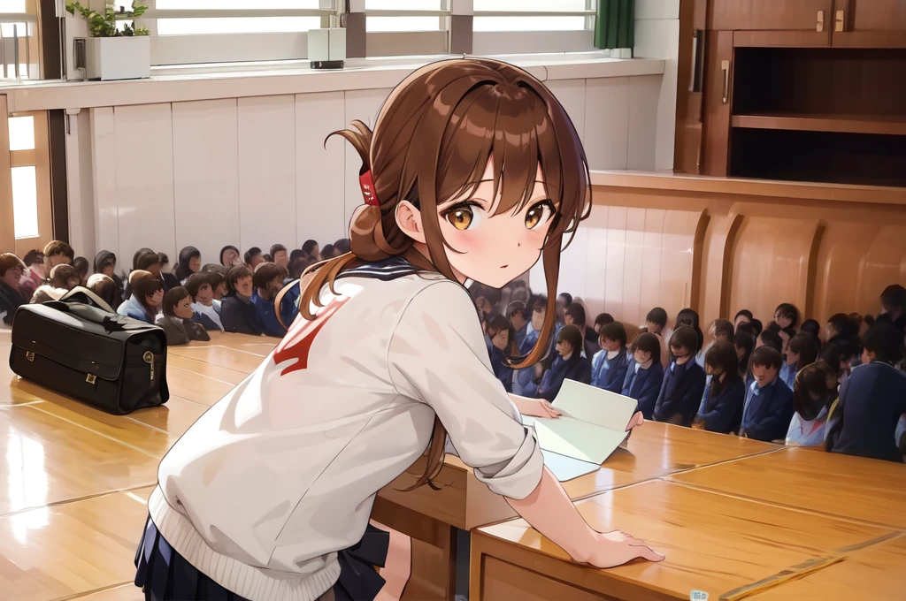 (masterpiece, best quality:1.2),illustration,8k,hd,1girl,solo,upper body,(portrait:1.2),brown_hair,folded_ponytail,brown_eyes,serafuku,long_hair,school_uniform,skirt,pleated_skirt,