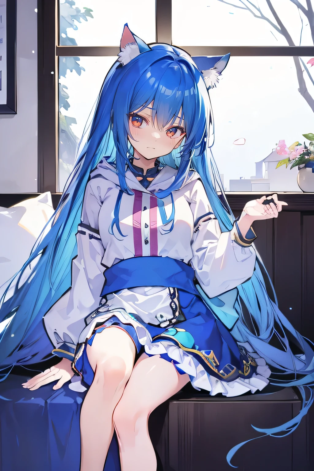 (masterpiece:1.2),Super detailed,lifelike,Expressive eyes,fair skin,perfect face shape,1 girl,
Japanese comics,Gorgeous blue hair,flowing blue hair,flowing clothes,Cat ears,Petals fall,beautiful lola,Baby Angel,
Shaking head with one hand,Cross your legs,Gentle and peaceful background,The pavilion is cool and comfortable,smile, wearing hoodie, In front of the window,snowing