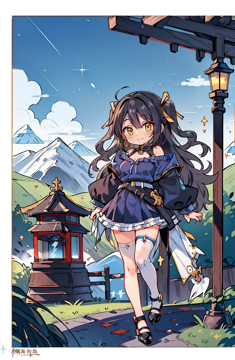 (masterpiece:1.2), (high quality:1.2), hui xiyi, rekkyo sensen, rekkyou sensen, (full body, chibi girls:1.45), solo focus, girls with((black hair, tits cleavage, exposed breasts, breasts close up, dress, (blue clothes:1.3), ribbon belt, off-shoulder sleeves, long sleeves, off shoulder jacket, frills shirt, frills camisole, straps, (ribbon tie, rosary choker, golden rosary, cross:1.05), (strap shoes, black shoes, exposed legs, exposed foots, left thighhigh, white thighhigh:1.67), (long wavy hair, one side up:1.4))), background with ((architecture, blue sky, building, bush, castle, village, no humans, cloud, cloudy sky, day, fence, field, garden, grass, hill, house, lamppost, landscape, mountain, mountainous horizon, nature, no humans, outdoors, scenery, shrine, sky, tower))