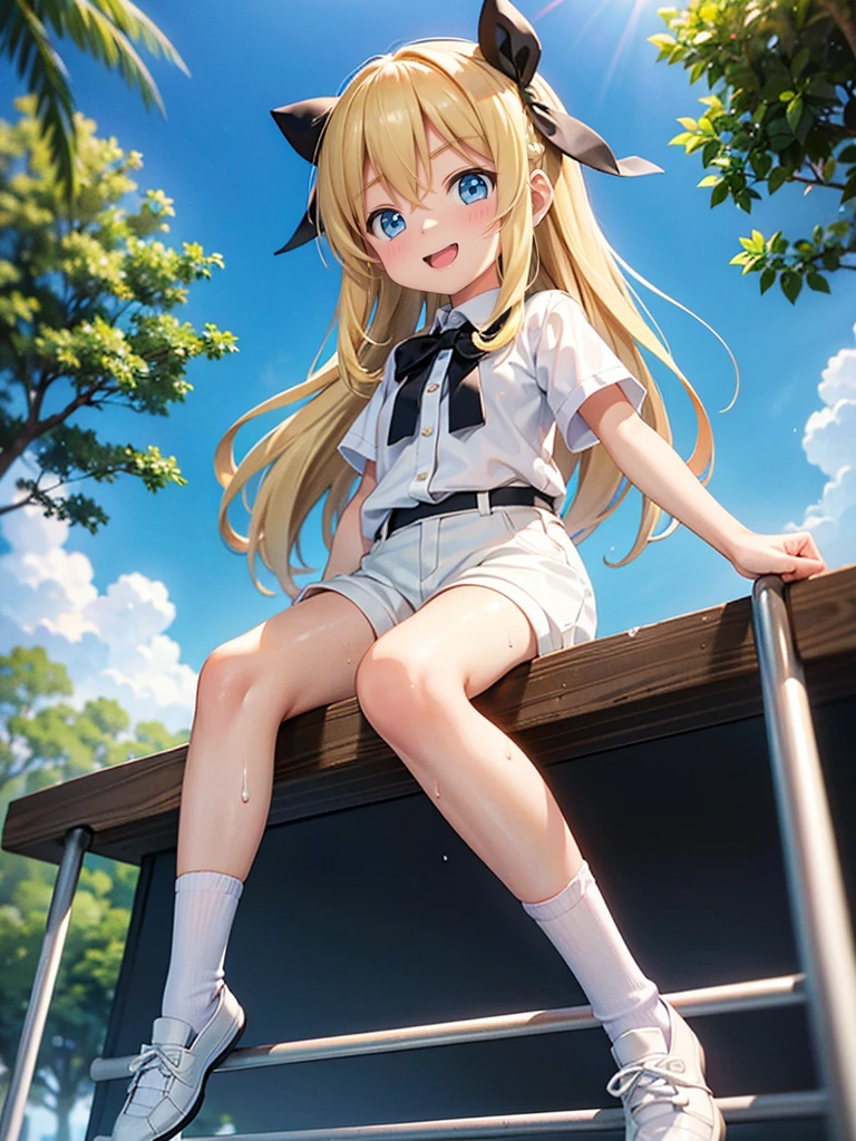 10 and 8 year old girls、blonde, Long Hair, blue eyes, Black Hair Ribbon, white shorts, spats, Happy, Hilarious, Day, outside, White shoes, flat, short, Playing on the jungle gym in the park、Wet with sweat