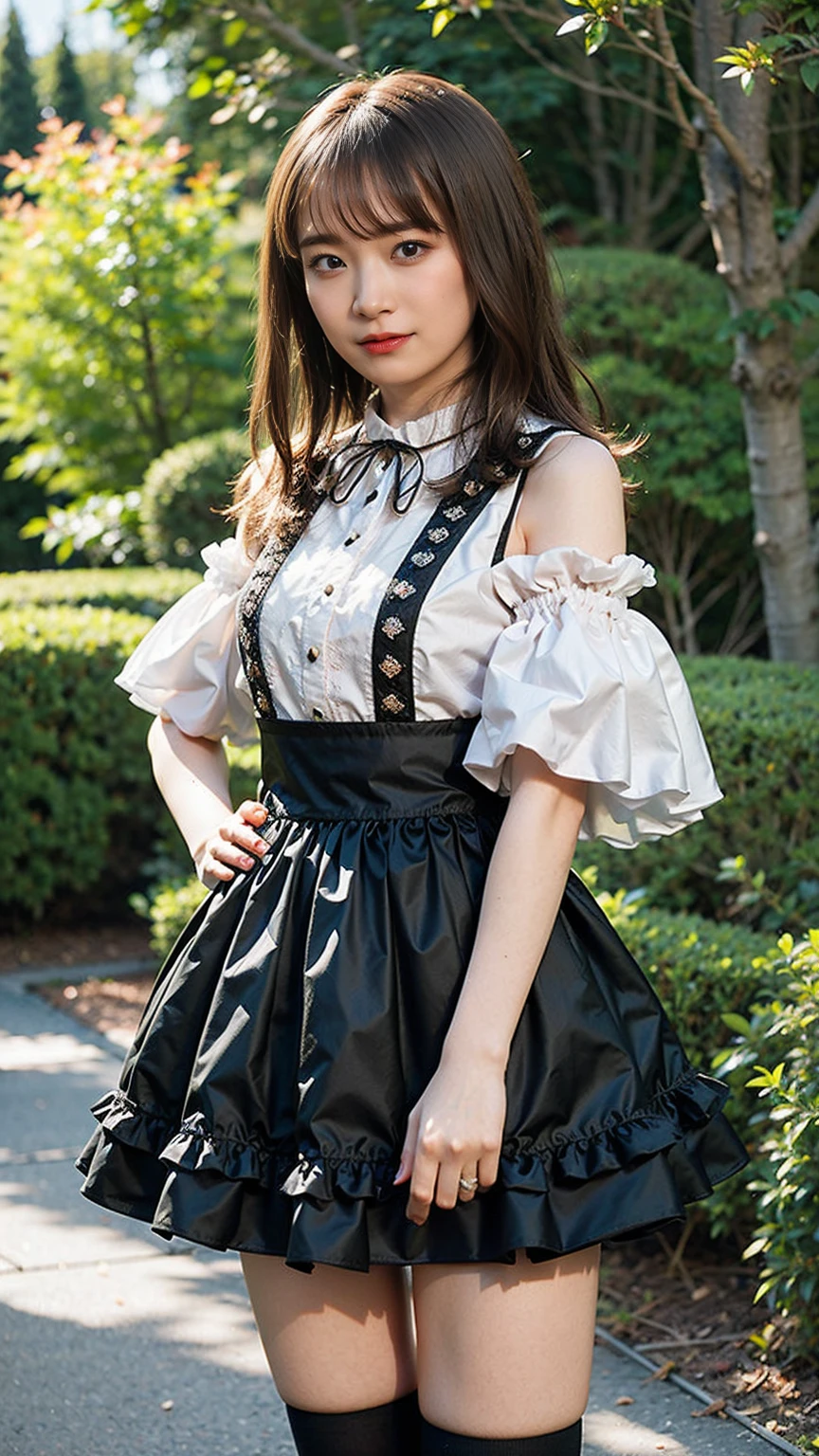 (8K、RAW Photos、Highest quality、masterpiece:1.2)、(Highest quality、Realistic)、1 Girl、((Frills、See-through、Off the shoulder、tights、pink and black mini skirt、Thin legs、whole body、boots、garden、View from the front、Looking into the camera、Ribbon Idol Costume、、Stand with hands on hips))、cute