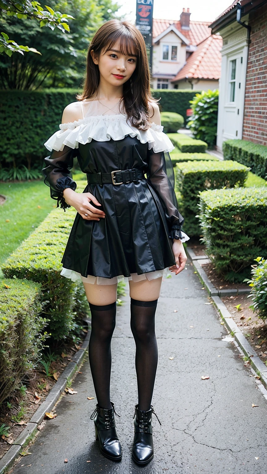 (8K、RAW Photos、Highest quality、masterpiece:1.2)、(Highest quality、Realistic)、1 Girl、((Frills、See-through、Off the shoulder、tights、pink and black mini skirt、Thin legs、whole body、boots、garden、View from the front、Looking into the camera、Ribbon Idol Costume、、Stand with hands on hips))、cute