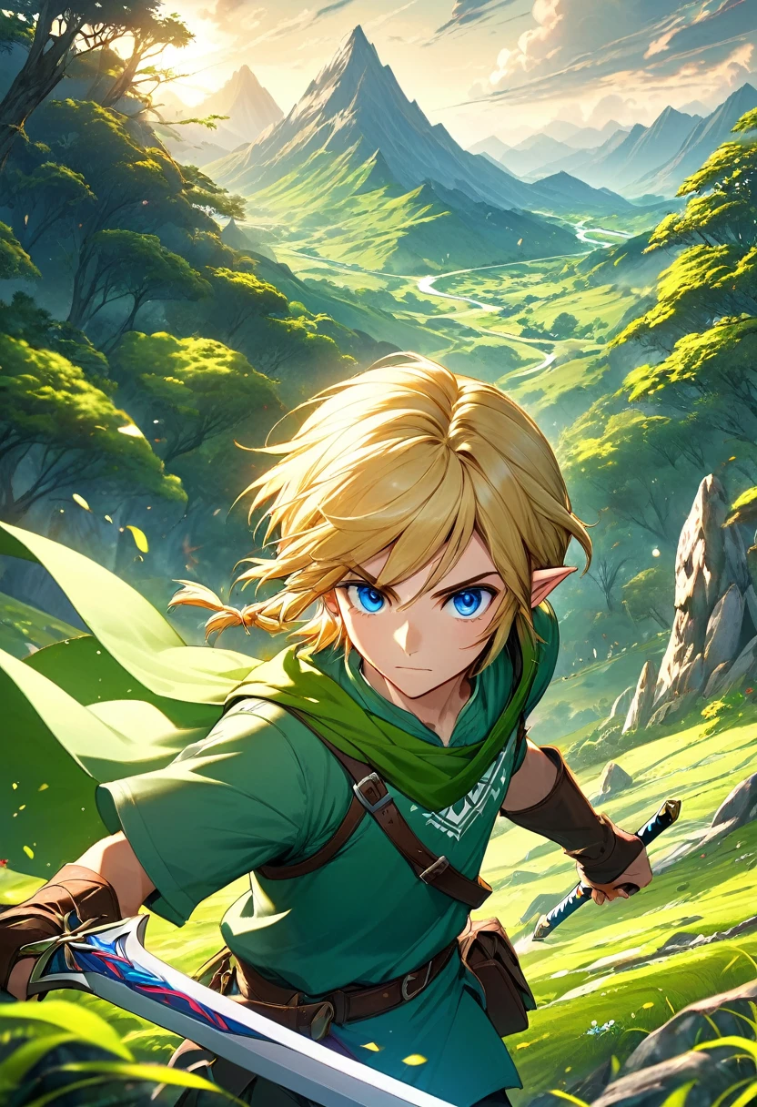 Detailed portrait of Link, The protagonist of the Legend of Zelda series, 1 boy, Detailed facial features, Sharp blue eyes, well defined jawline, Blonde hair, Risky expression, Wearing a green tunic, Leather Boots, Sword and Shield, Immerse yourself in an epic fantasy landscape, Rolling Hills, Dense forest, Majestic mountains, Dramatic Lighting, Composition, award winning digital art, Art Station, Concept Art, Octane Rendering, Unreal Engine, 8K, 