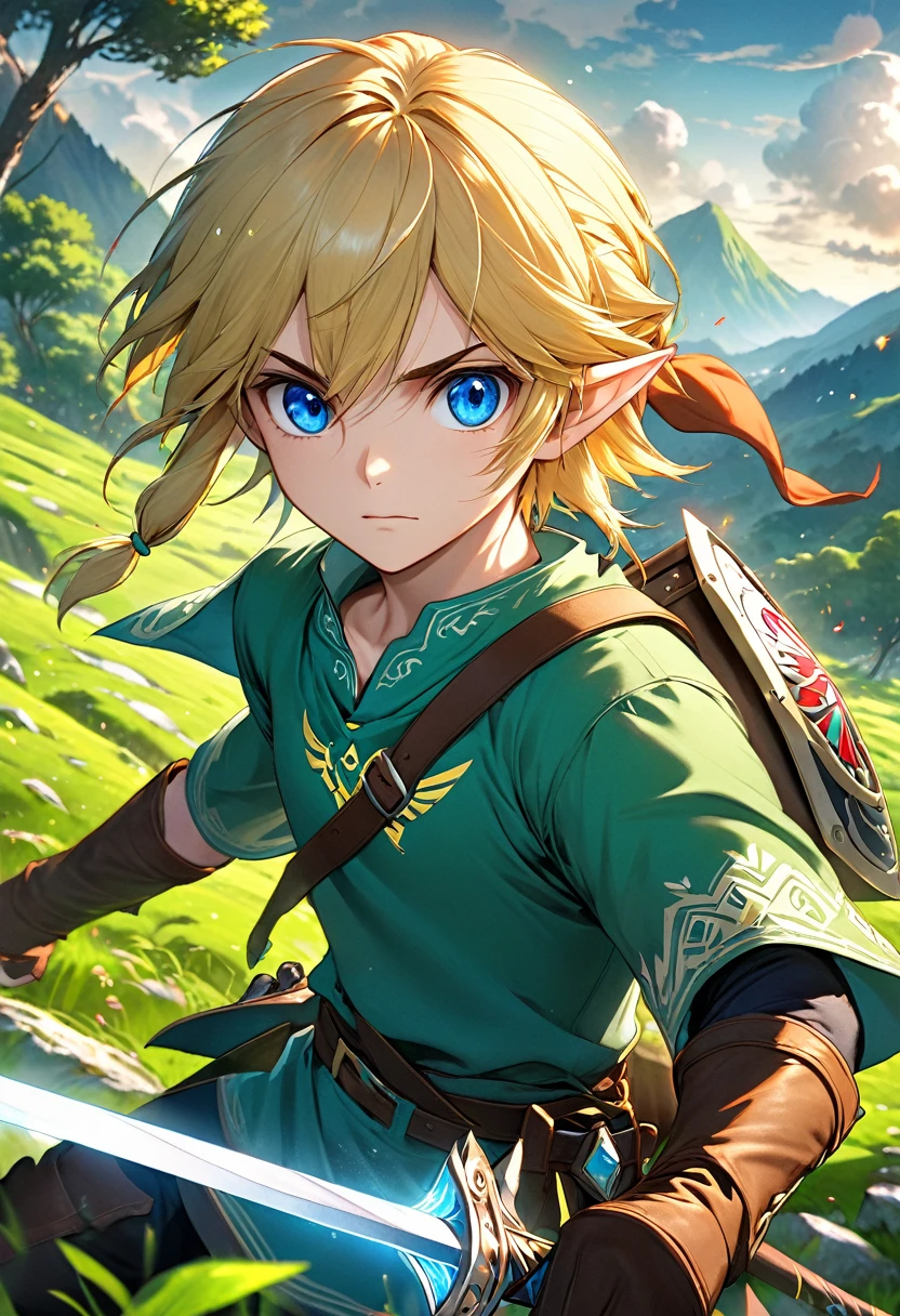 Detailed portrait of Link, The protagonist of the Legend of Zelda series, 1 boy, Detailed facial features, Sharp blue eyes, well defined jawline, Blonde hair, Risky expression, Wearing a green tunic, Leather Boots, Sword and Shield, Immerse yourself in an epic fantasy landscape, Rolling Hills, Dense forest, Majestic mountains, Dramatic Lighting, Composition, award winning digital art, Art Station, Concept Art, Octane Rendering, Unreal Engine, 8K, 