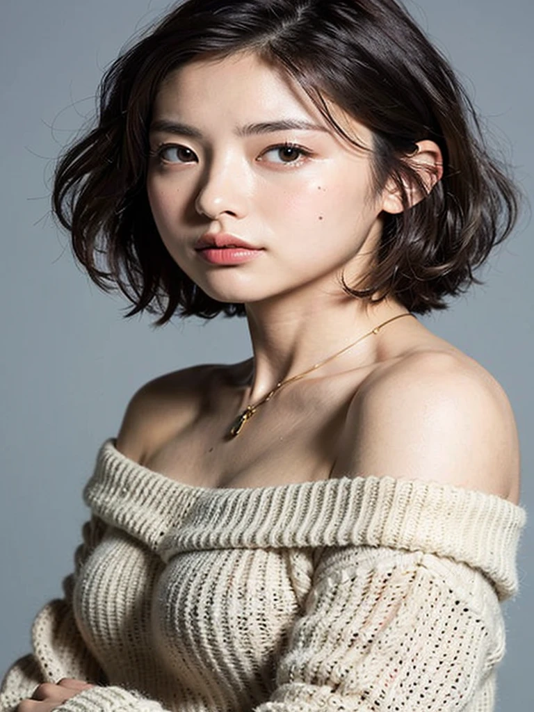 (best quality, 8K, 32k, masterpiece, not:1.2),Japanese beauty photos, Large Breasts, Very short Bob hairstyle,Upper Body,Face Focus,Extra Large_Short sleeve, necklace, Simple background, from above, Looking at the audience,Off-shoulder,nose close-up