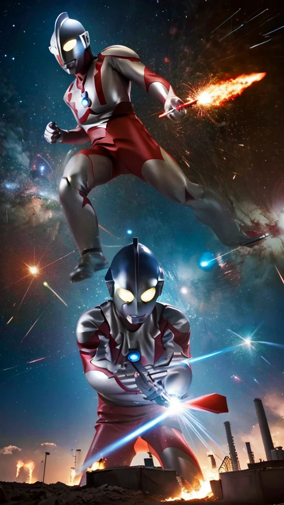 gigantic ultraman,repairing,fixing,oil refinery plants,Ultraman flying in space、tanks,heavy machinery,Metallic armor,glowing eyes,detailed mechanical parts,smoke and sparks,blazing flames,high-tech 、Ultraman flying in space