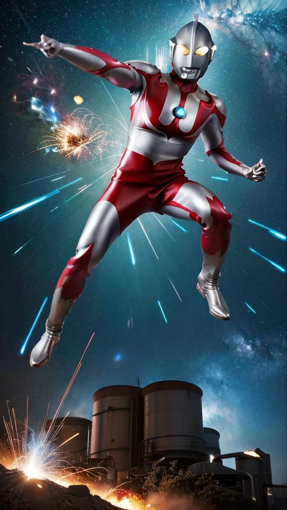 gigantic ultraman,repairing,fixing,oil refinery plants,Ultraman flying in space、tanks,heavy machinery,Metallic armor,glowing eyes,detailed mechanical parts,smoke and sparks,blazing flames,high-tech 、Ultraman flying in space