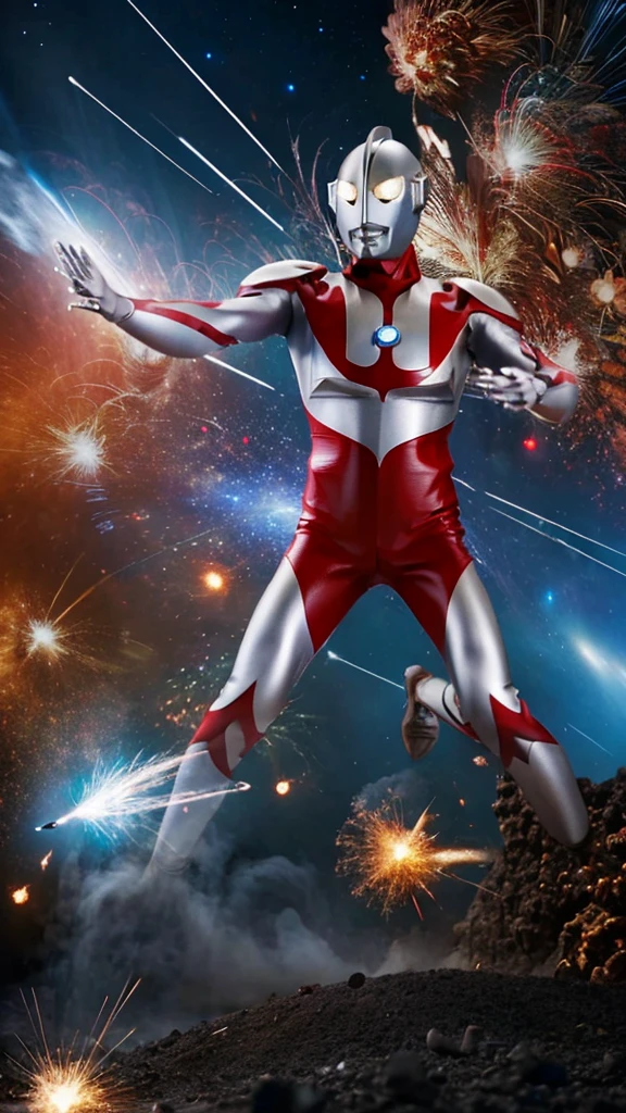 gigantic ultraman,repairing,fixing,oil refinery plants,Ultraman flying in space、tanks,heavy machinery,Metallic armor,glowing eyes,detailed mechanical parts,smoke and sparks,blazing flames,high-tech 、Ultraman flying in space