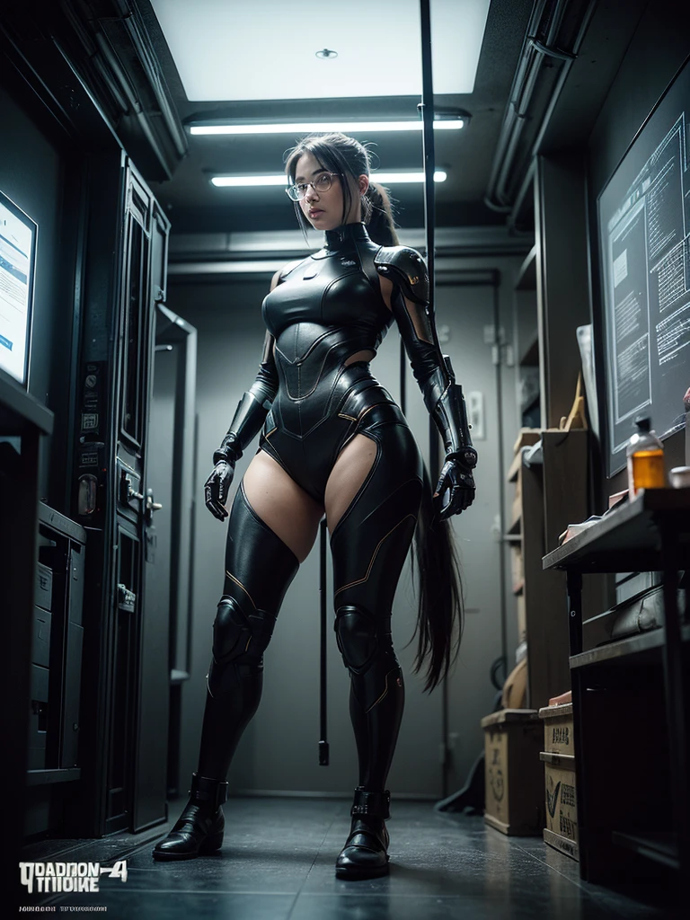 
The future heroine stands in heroic form. The heroic future female warrior is Age (mid-20s), face (strong face, no makeup), hair (white long Ponytail hairstyle), AR glasses, body (healthy flesh, muscular, glamorous bodyline), state-of-the-art combat suit (armor (torso, arms, legs), flexible articulation, state-of-the-art sleek design, combat design, khaki color), function (heavy machine automaton). Full body. Background is spaceship interior. created using: style(futuristic, textured, digital-traditional blend, cyberpunk, science fiction, detailed, gritty, industrial, graphic-novel-esque), Cinematic style, dynamic angles, bright lighting, high definition.