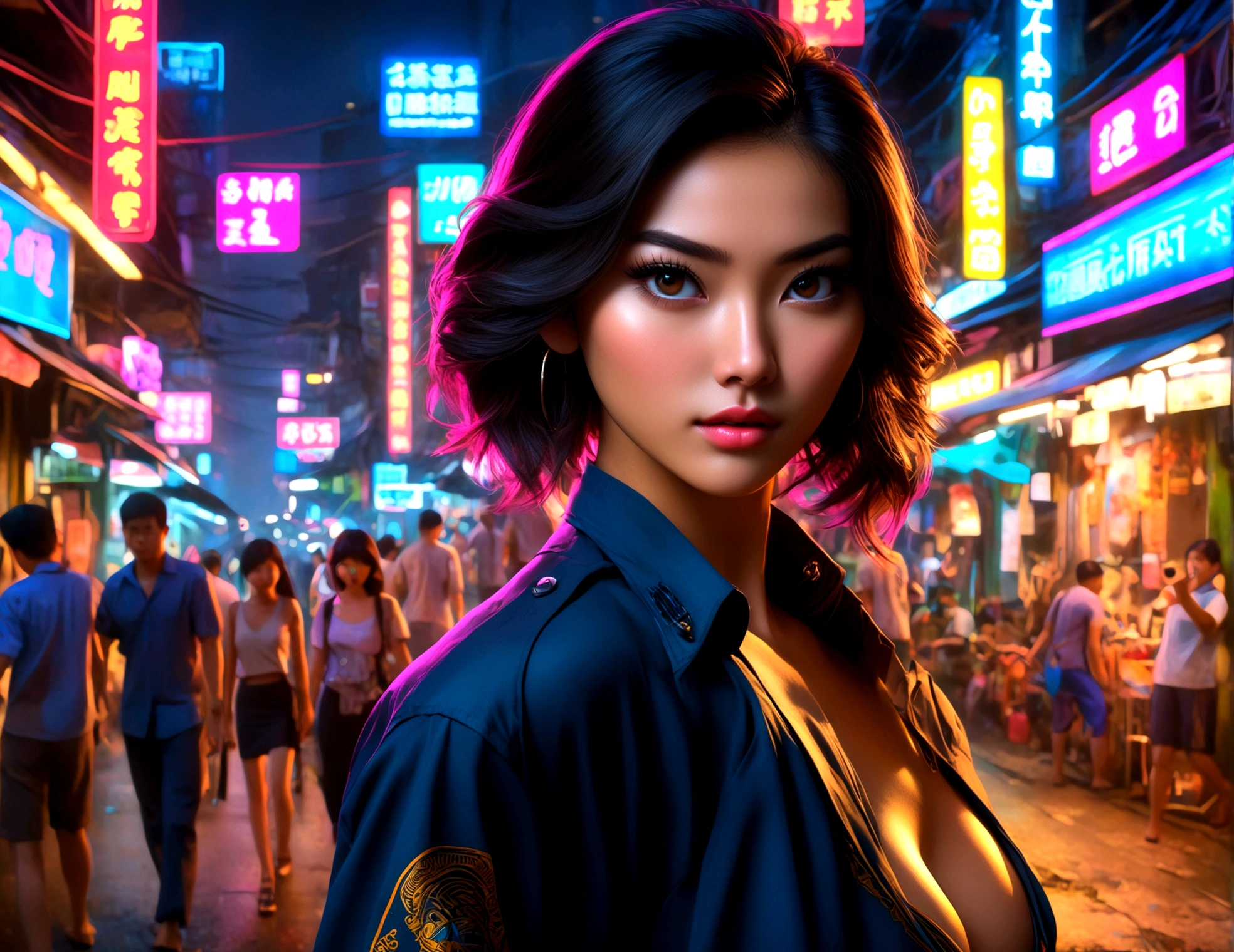 a beautiful young woman Lucy Iiu, 25 years old, wearing a provocative and skimpy outfit, she is an undercover cop walking the streets of Bangkok at night, checking on the working girls, detailed face and eyes, long eyelashes, beautiful detailed lips, extremely detailed face, realistic, photorealistic, masterpiece, 8k, high quality, studio lighting, sharp focus, physically-based rendering, vibrant colors, neon lights, night city streets, bangkok, undercover cop, working girls
