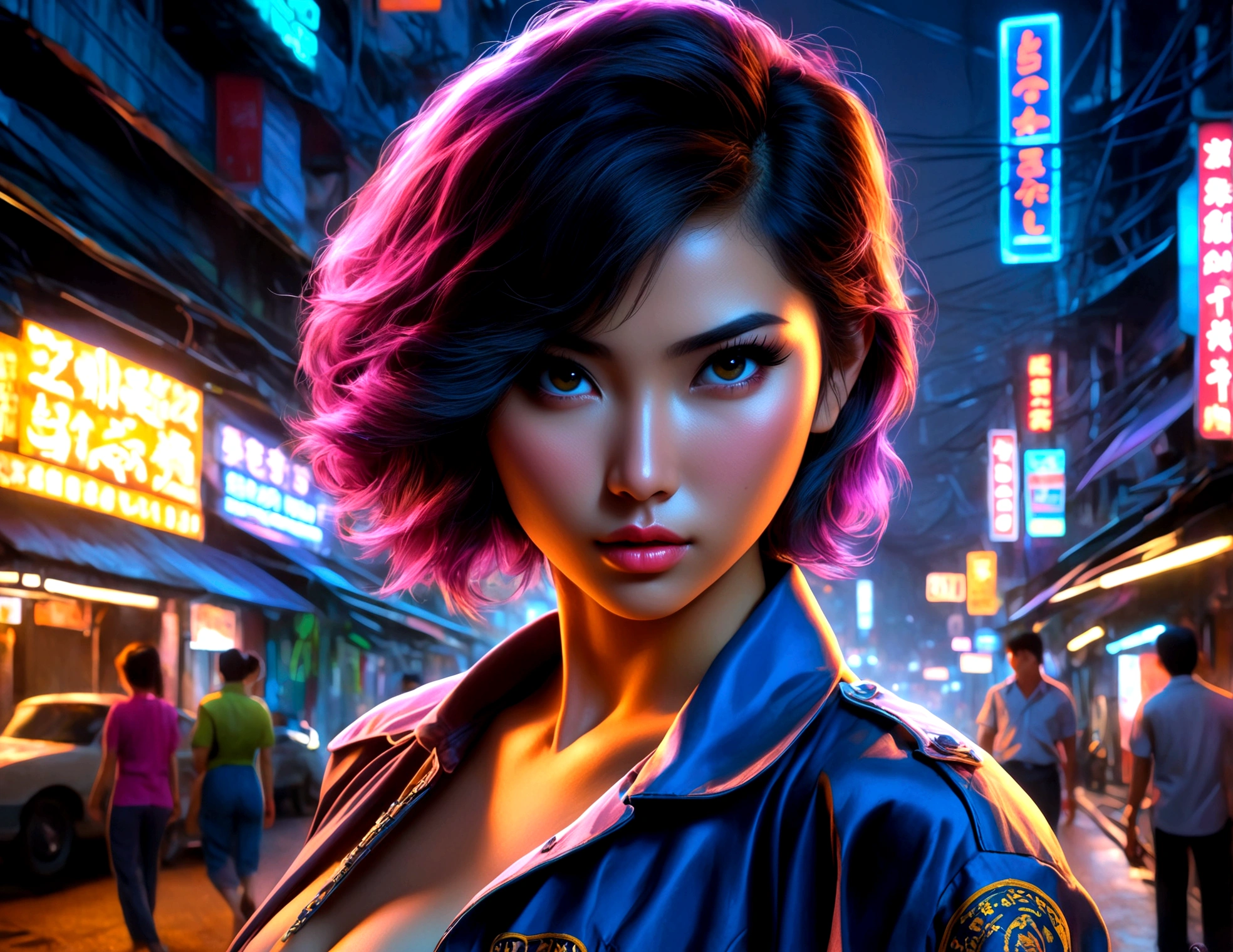 a beautiful young woman Lucy Iiu, 25 years old, wearing a provocative and skimpy outfit, she is an undercover cop walking the streets of Bangkok at night, checking on the working girls, detailed face and eyes, long eyelashes, beautiful detailed lips, extremely detailed face, realistic, photorealistic, masterpiece, 8k, high quality, studio lighting, sharp focus, physically-based rendering, vibrant colors, neon lights, night city streets, bangkok, undercover cop, working girls