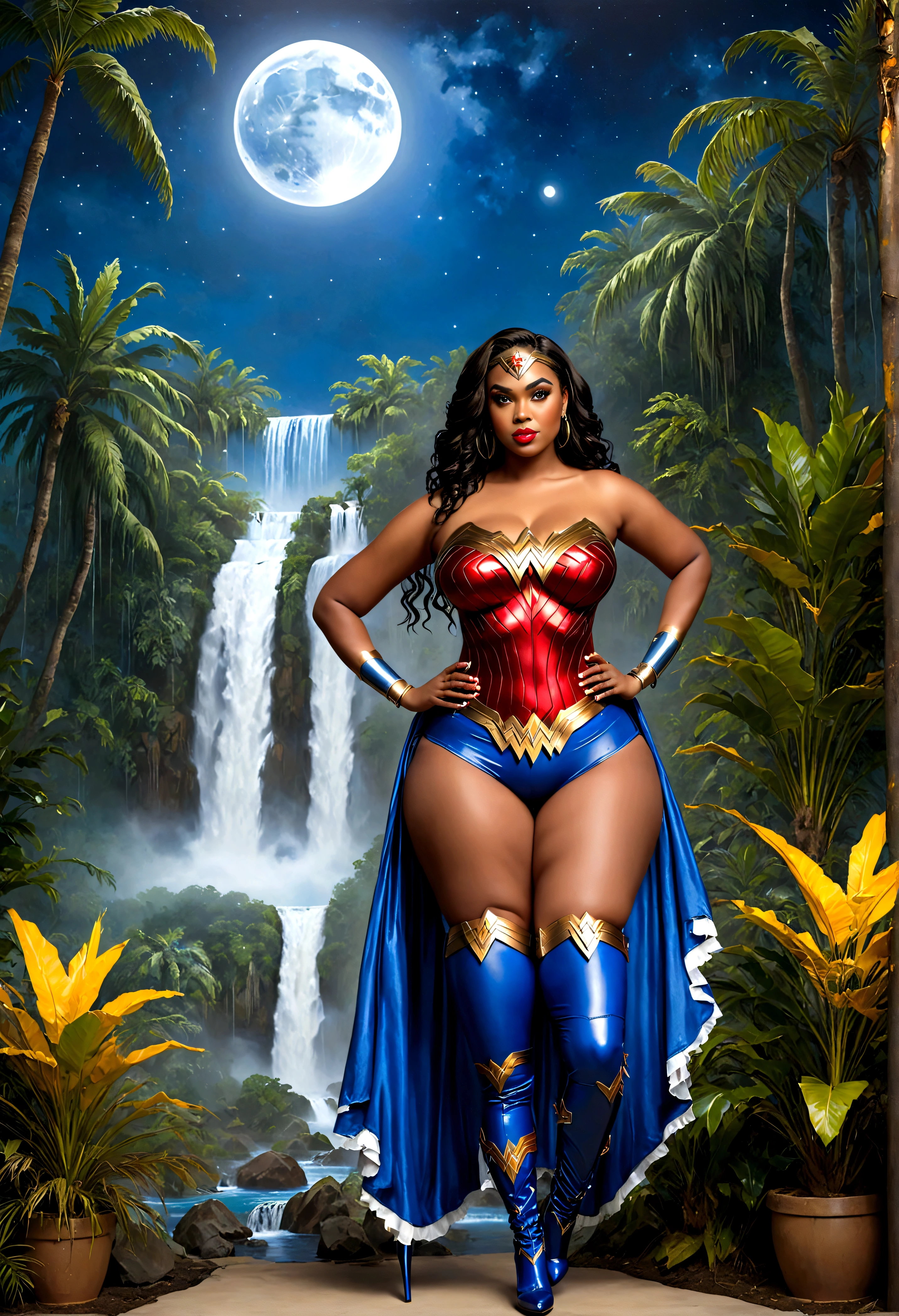 FULL BODY VIEW: 4K glossy oil painting of a plus-size African American woman as Wonder woman, standing in full body view, in a pose, wearing a wonder woman inspired top with blue jeans, detailed high heels boots & matching handbag. background beautiful outdoor waterfall with tropical plants & palm trees. The scene is set at night with a moon in the sky.