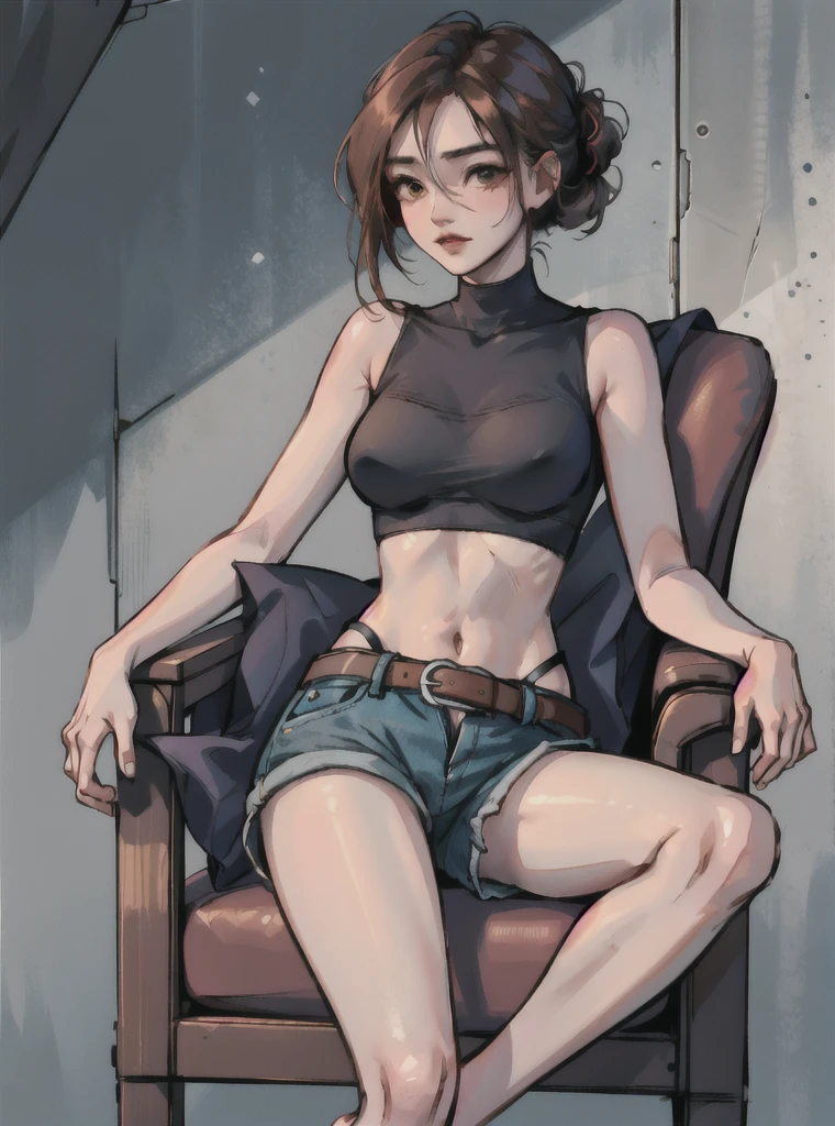 una joven de 20 años sitting en el armchair de su casa tiene calor, 1 girl, medium breasts, BROWN SKIN, Alone, black fur, updo hair, red sleeveless shirt, black unbuttoned denim shorts, unbuckled belt, view of underwear, sighing, hand on chest, sitting, armchair, sitting en el armchair, barefoot