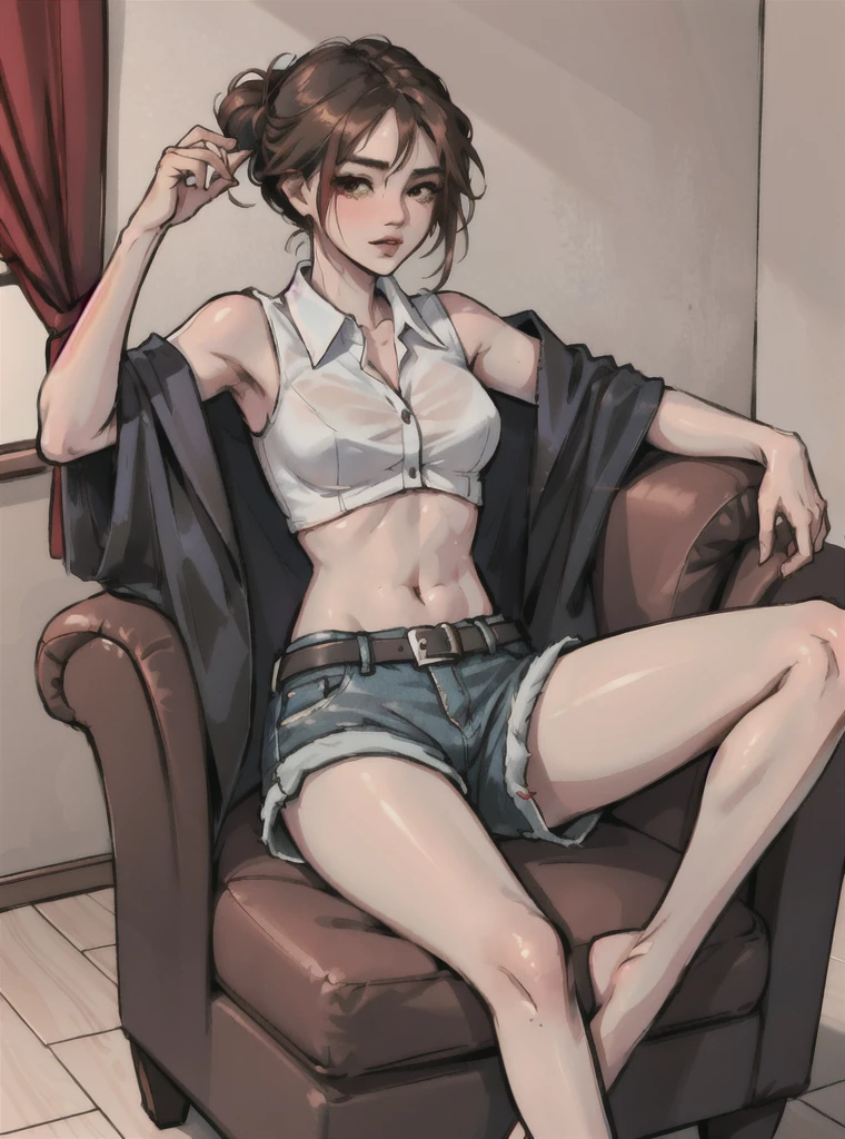 una joven de 20 años sitting en el armchair de su casa tiene calor, 1 girl, medium breasts, BROWN SKIN, Alone, black fur, updo hair, red sleeveless shirt, black unbuttoned denim shorts, unbuckled belt, view of underwear, sighing, hand on chest, sitting, armchair, sitting en el armchair, barefoot