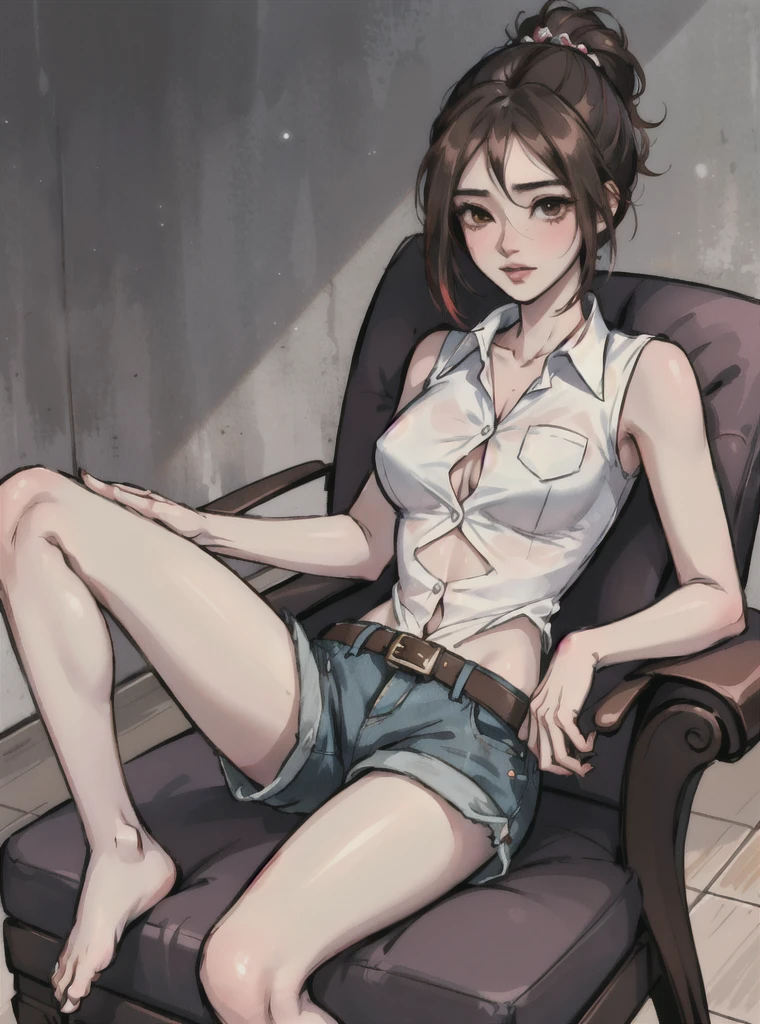 una joven de 20 años sitting en el armchair de su casa tiene calor, 1 girl, medium breasts, BROWN SKIN, Alone, black fur, updo hair, red sleeveless shirt, black unbuttoned denim shorts, unbuckled belt, view of underwear, sighing, hand on chest, sitting, armchair, sitting en el armchair, barefoot