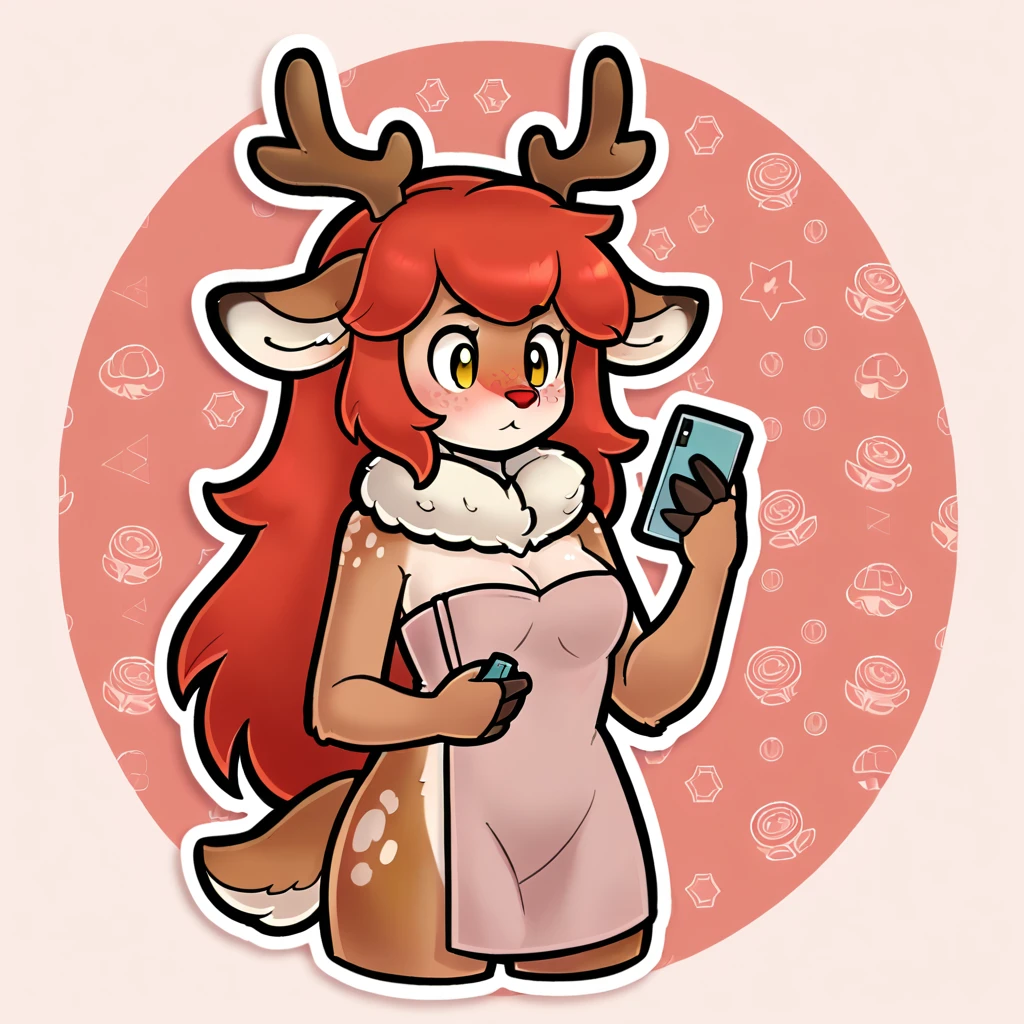 Score_9_presence, score_8_up, 1girl, breasts, blush, furry, furry female, cute, red hair, horns, freckles, antlers, fur trim, fur collar, small breasts, cleavage, deer ears, body fur, animal ears, reindeer antlers, yellow eyes, wrapped in towel,  holding phone, long hair,